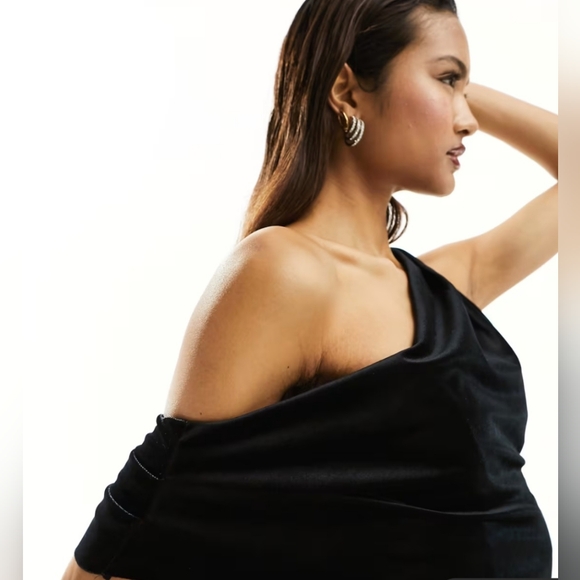 NWT ASOS Design velvet fallen shoulder evening wedding Midi dress in black sz 14 - Picture 2 of 13